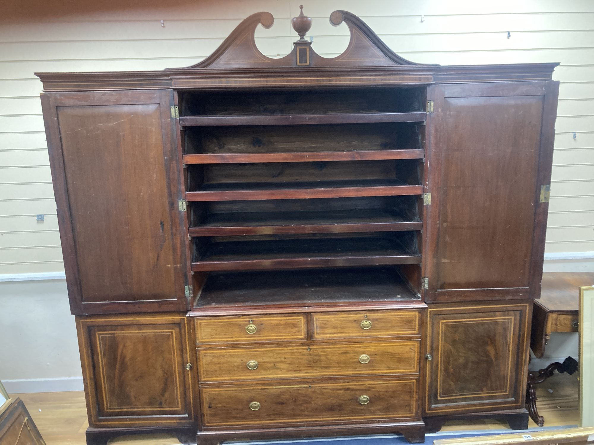 An Edwardian satinwood banded mahogany breakfront wardrobe, length 250cm, depth 65cm, height 230cm